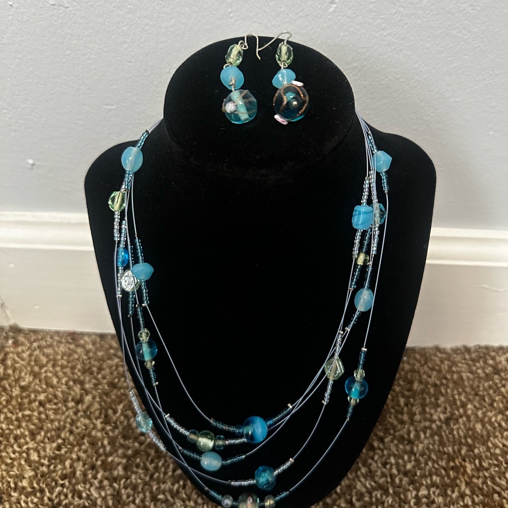 Elegant Blue Beaded Necklace and Earring Set